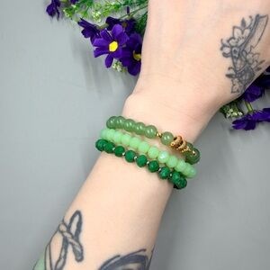 Lot of 3 Green Crystal Beaded Stretch Bracelet Stack